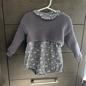 Nou Nelle size 2 Blue/green Floral Romper with grey knit Sweater